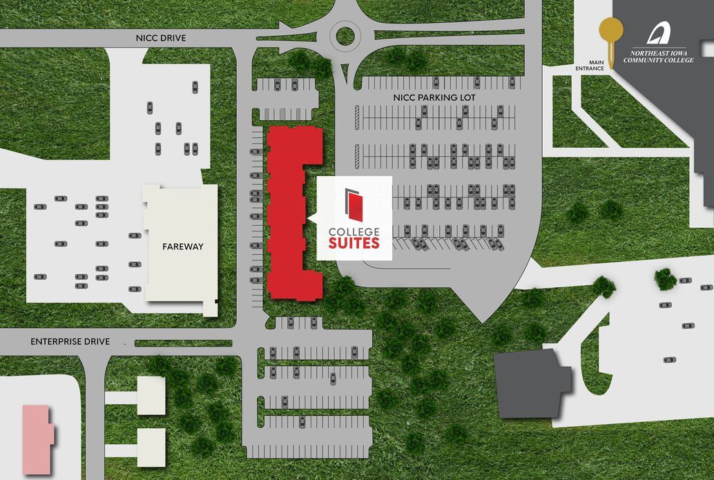 Drone view showing how close College Suites is to NICC's college campus
