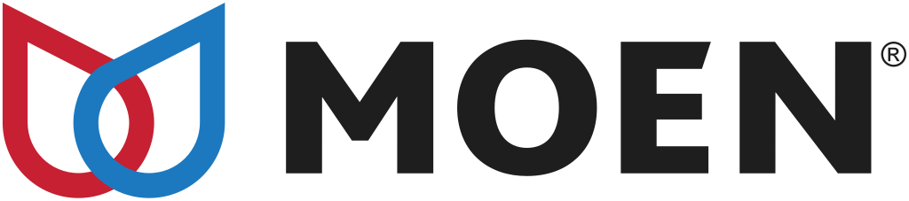 A moen logo with a red , blue and white swirl on a white background.
