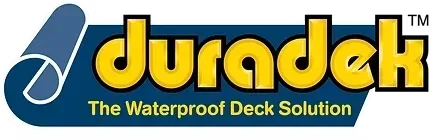 Duradek logo with yellow text on a blue background and a roll of blue material. Text says 