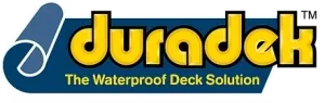Duradek logo with yellow text on a blue background and a roll of blue material. Text says