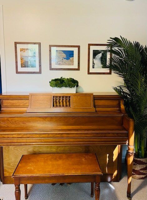 Wooden piano with bench, framed art, and a large potted plant against a beige wall.