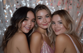 Three young friends using the photo booth for a high quality photo to remember the special occasion