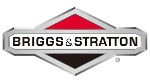Logo de Briggs & Stratton, un motif rouge et noir dans un contour argenté en angle ; le nom de la marque est en noir.