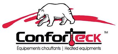 Logo pour Conforteck, représentant un ours polaire au-dessus du nom de l'entreprise et un thermomètre dans le mot « eck » avec le texte « Équipements chauffants » en dessous.
