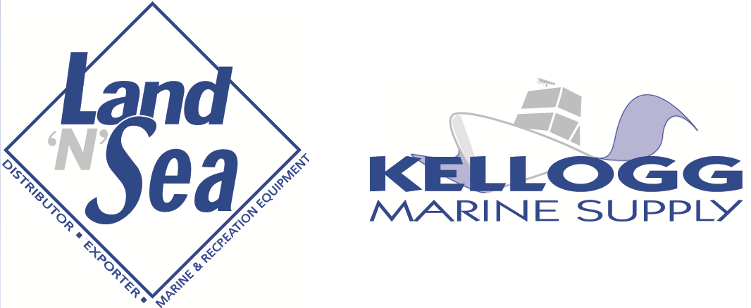 Logos de « Land 'N' Sea » et de « Kellogg Marine Supply ». Celui de Land 'N' Sea est en forme de losange. Celui de Kellogg représente un bateau.