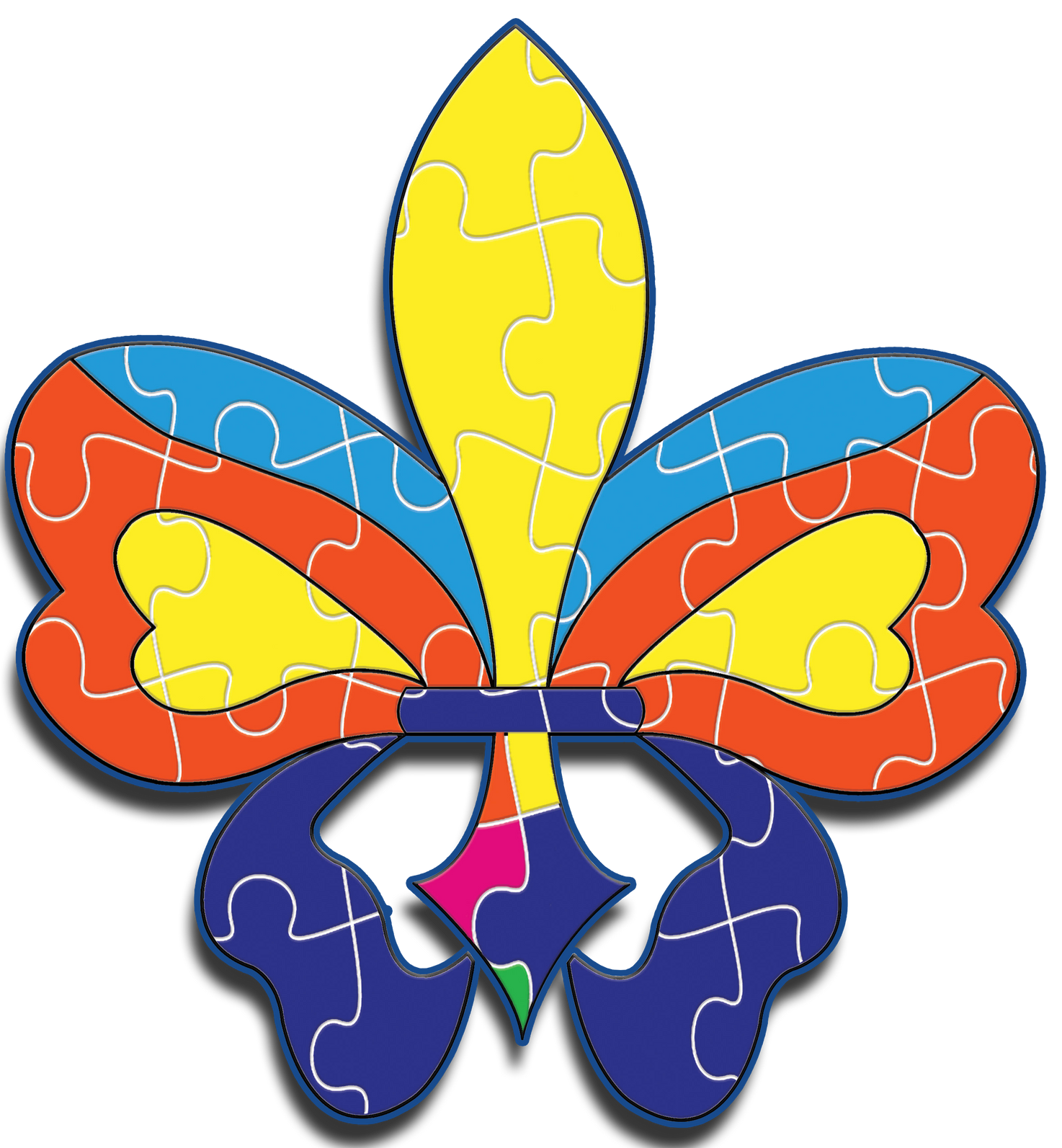 A colorful puzzle with a fleur de lis in the middle