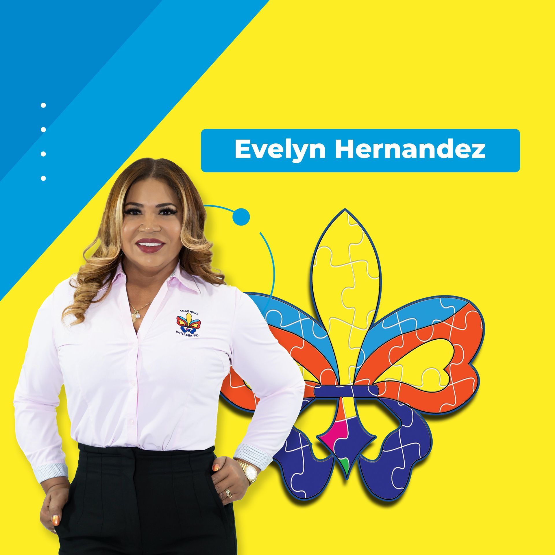 Evelyn hernandez is standing in front of a butterfly on a yellow background