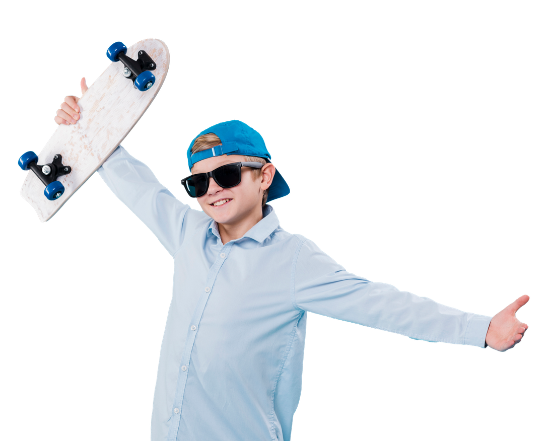 A young boy wearing sunglasses and a hat is holding a skateboard in his hand.