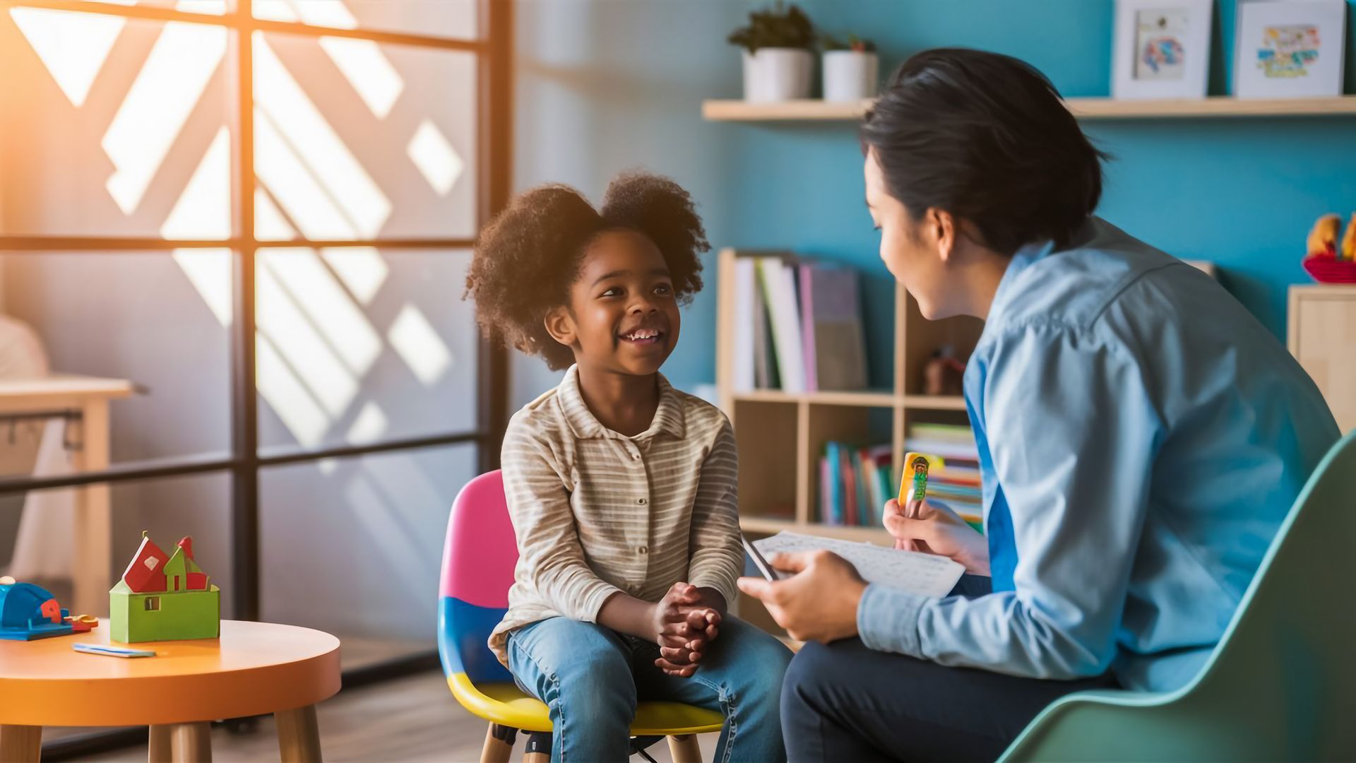 A woman is sitting in a chair talking to a little girl.