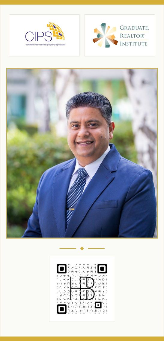 Harv Balu, REALTOR in Fremont CA: CIPS and GRI credentials, portrait, and HB contact QR code