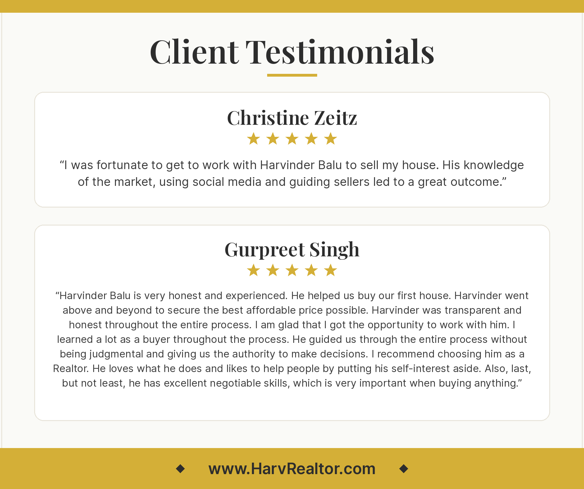 Client testimonials for Harv Balu, REALTOR: five star reviews from Christine Zeitz and Gurpreet Singh