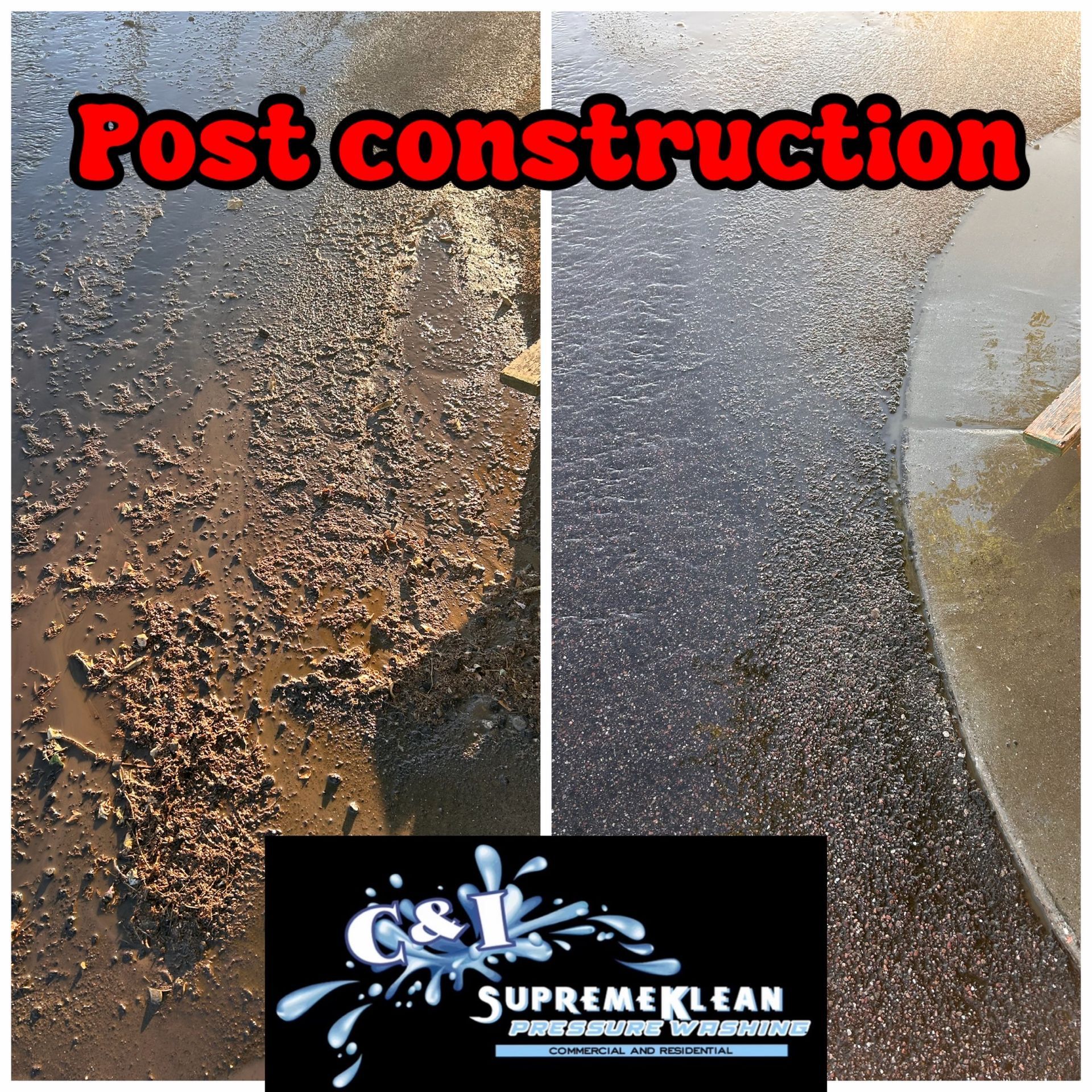 Comparison of dirty and clean concrete surfaces; before and after pressure washing.