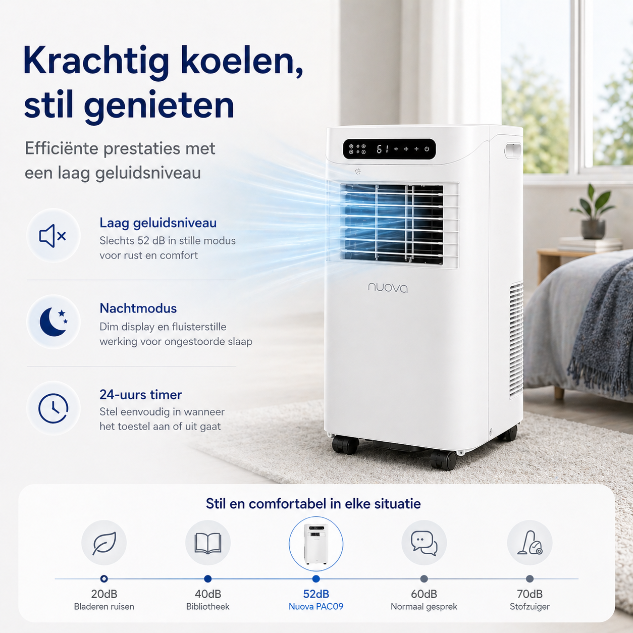 Witte mobiele airconditioner in een lichte woonkamer met Nederlandse promotietekst over stille koeling