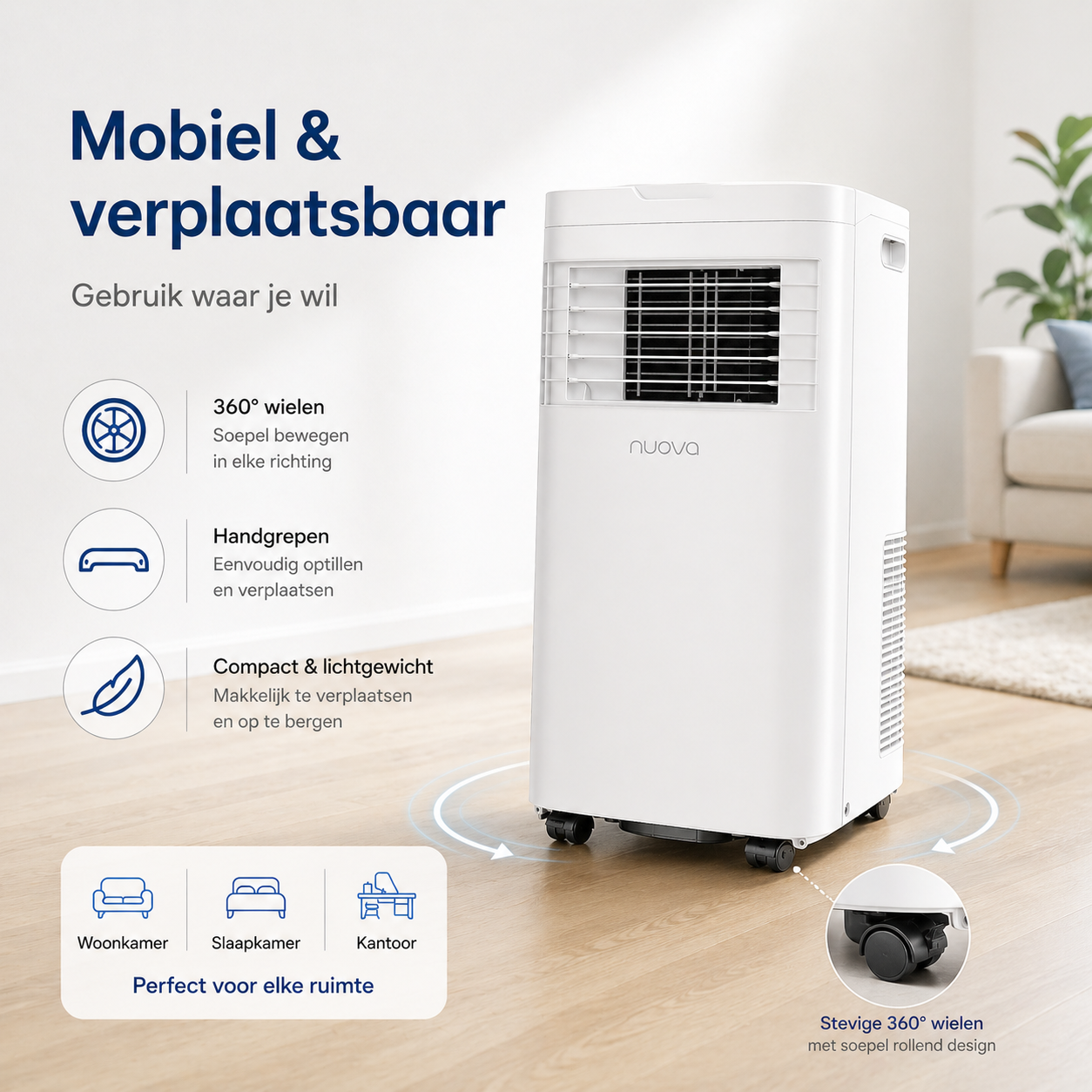Witte, draagbare airconditioner op een houten vloer in een lichte woonkamer, met Nederlandse tekst.