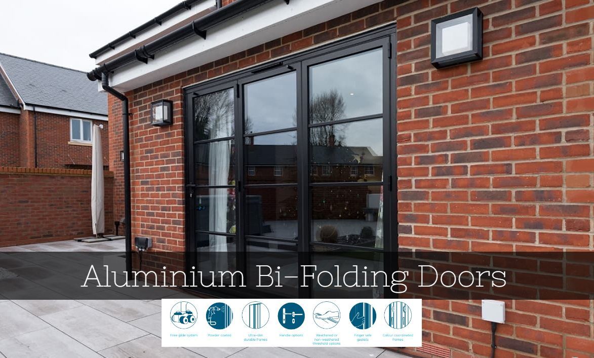 Graphic of Aluminium bi-folding doors with a black frame on a brick house