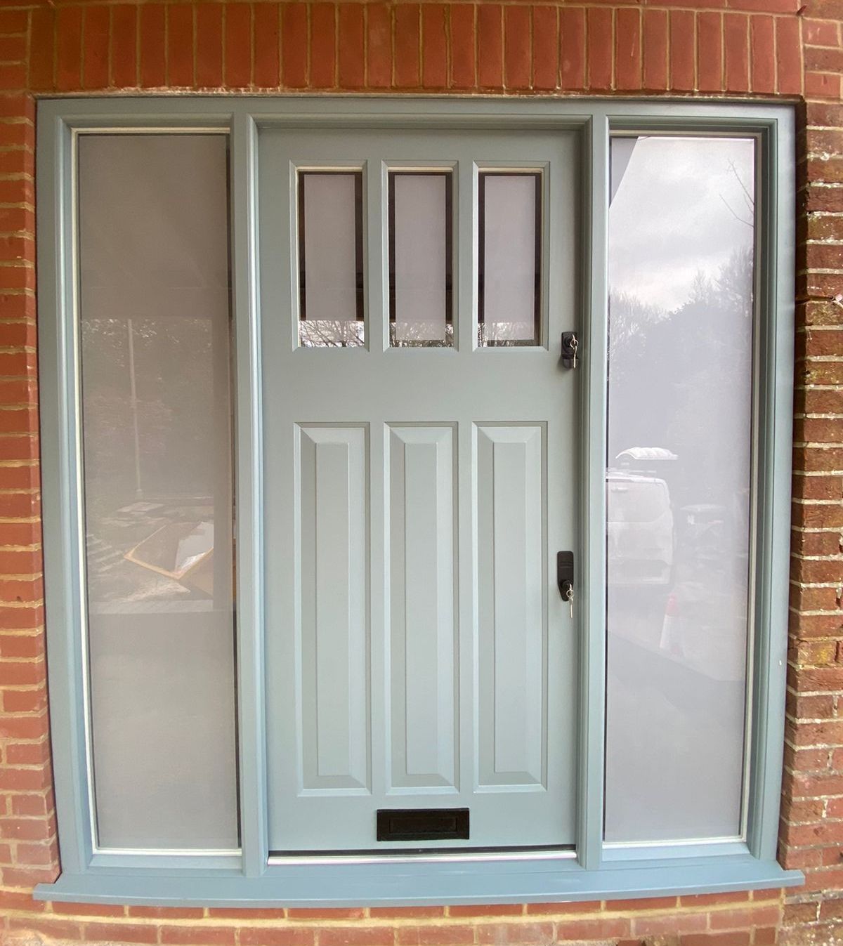 Accoya Door and Frame with High Satin Obscure Glazing with Clear Border. Banham Locking