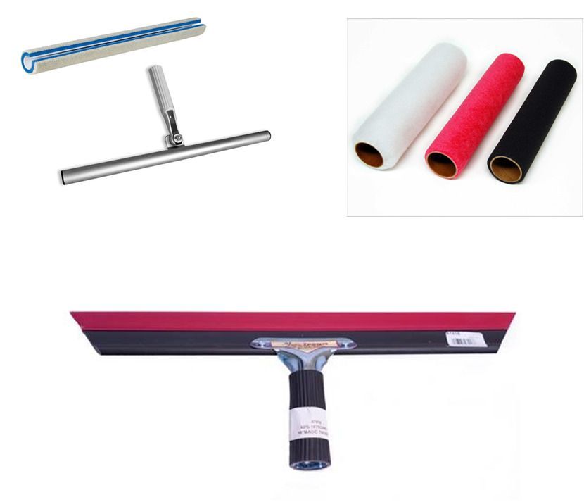 Window squeegees and replacement rubber blades in blue, white, red, and black