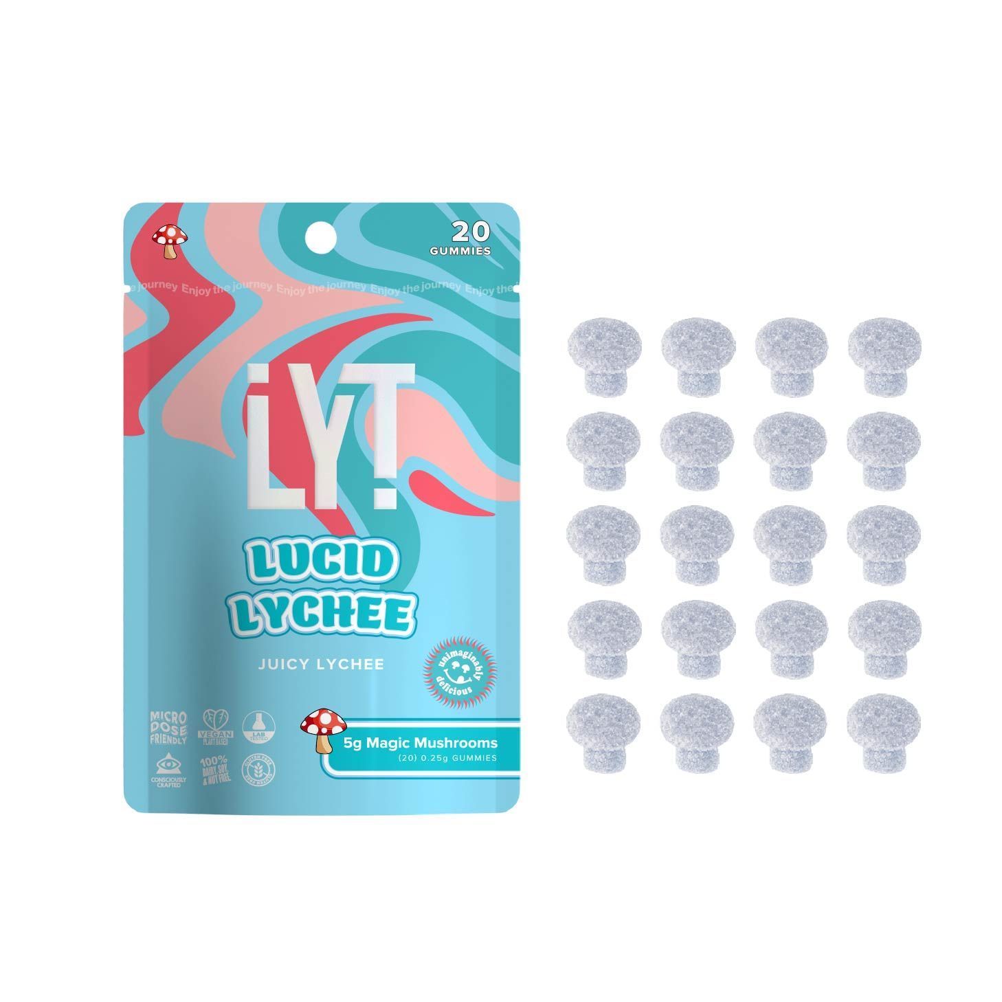 Turquoise LYT Lucid Lychee vape package with multiple pod refills arranged beside it