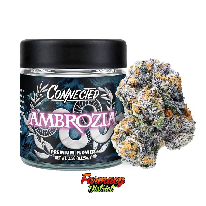 Connected Ambrozia premium flower jar with purple-green cannabis bud and Fawny Farms logo