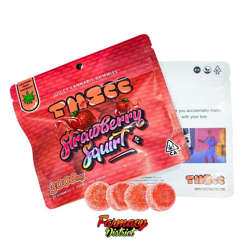 Red and white candy pouch labeled “Faces Strawberry Squirt” with strawberry gummies spilling out