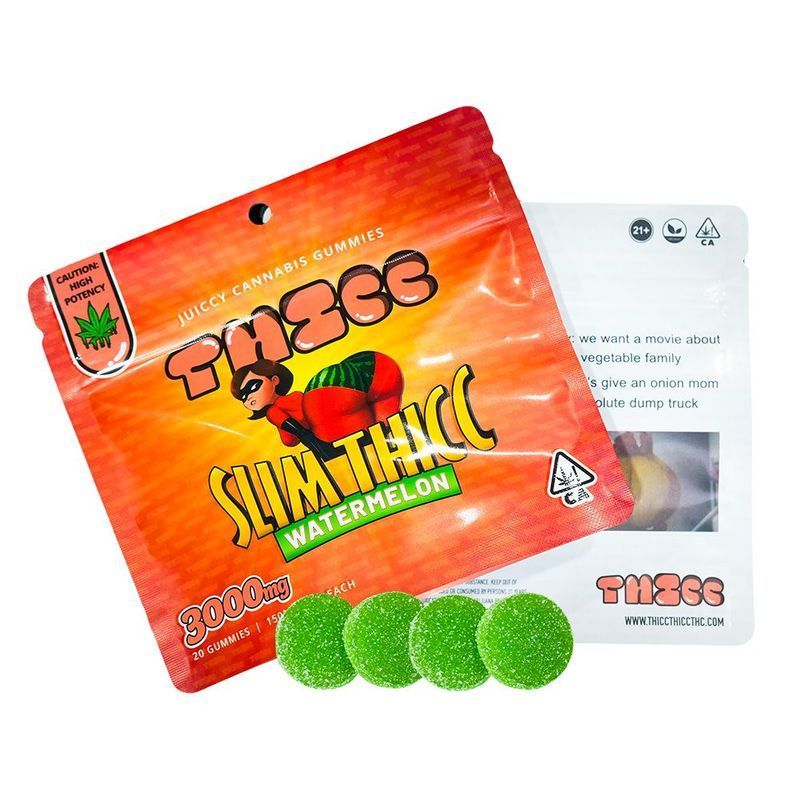 Orange package of THCC “SILMATIC” watermelon candy with green round candies in front