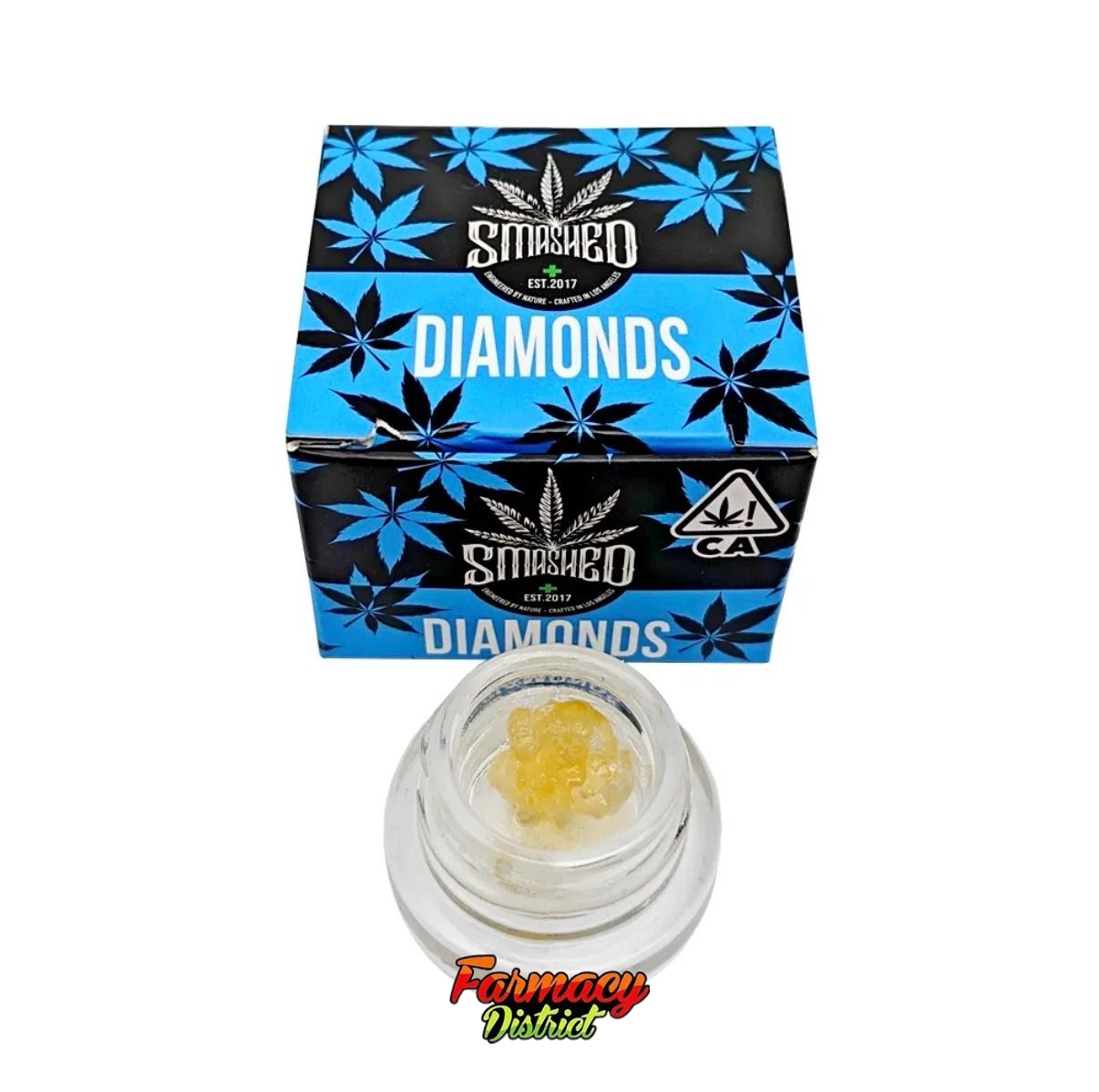 Blue-and-black Stiiizy Diamonds box above a small jar of yellow concentrate