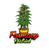 Logo of a cannabis plant in a pot with the words “Farmacy District” in orange and green text