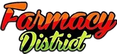 Farmacy District logo in red and green script on a white background
