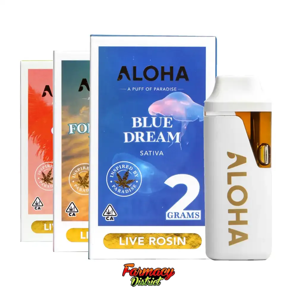 ALOHA Blue Dream live rosin cannabis packaging with dab pen and product jars