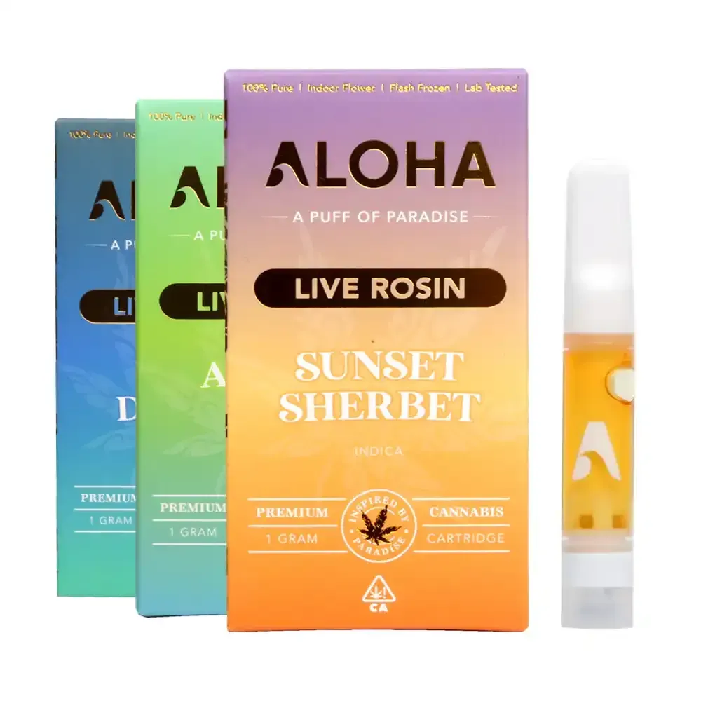 ALOHA Live Rosin Sunset Sherbet cannabis cartridge box and vape pen on white background
