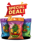 Special deal promo with three colorful cannabis bags and a red-yellow sale banner