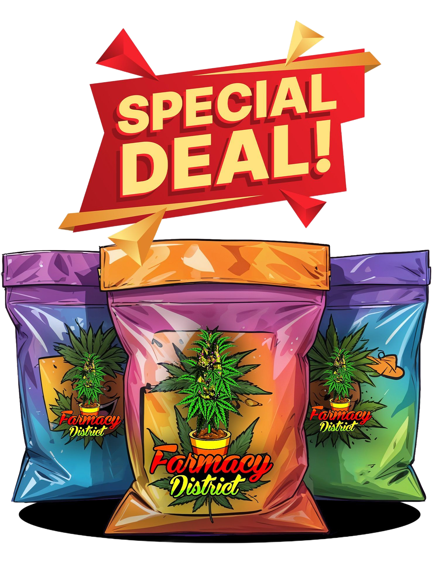 “Special Deal” banner above three colorful cannabis product bags on display