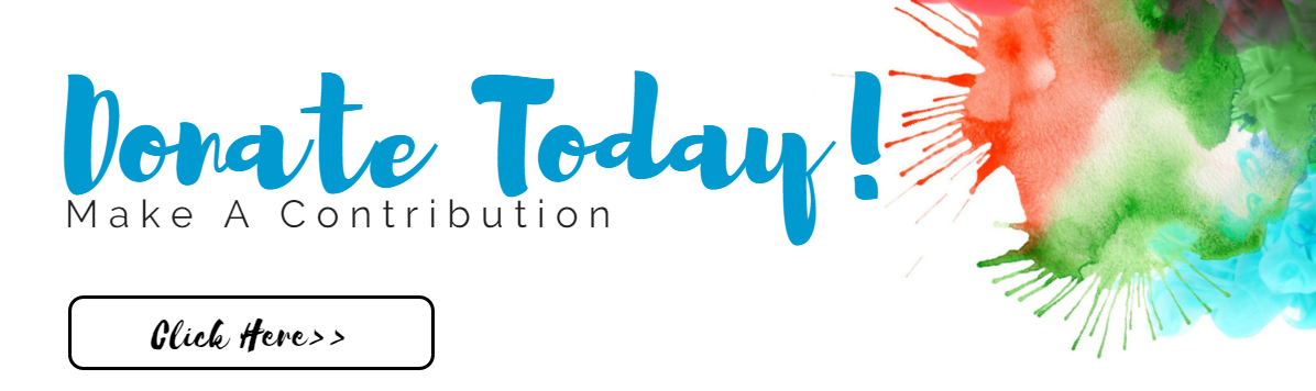 Donate Today banner with blue and red text, watercolor splash, and a 
