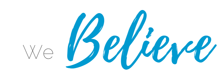 “We Believe” in light gray and blue cursive text on a white background