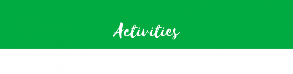 Green header with white script text reading “Activities” above a white section