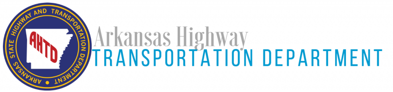Arkansas Highway and Transportation Department logo with blue road emblem and gray text on white background