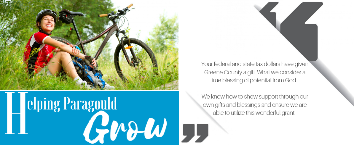 Child riding a bicycle in grass beside “Helping Paragould Grow” text and quotes on a white background