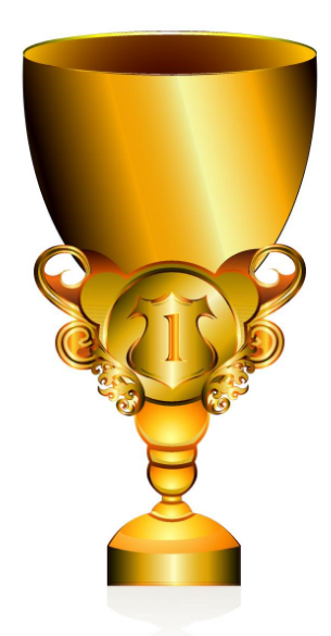 Gold trophy cup with a number 1 medal on a white background