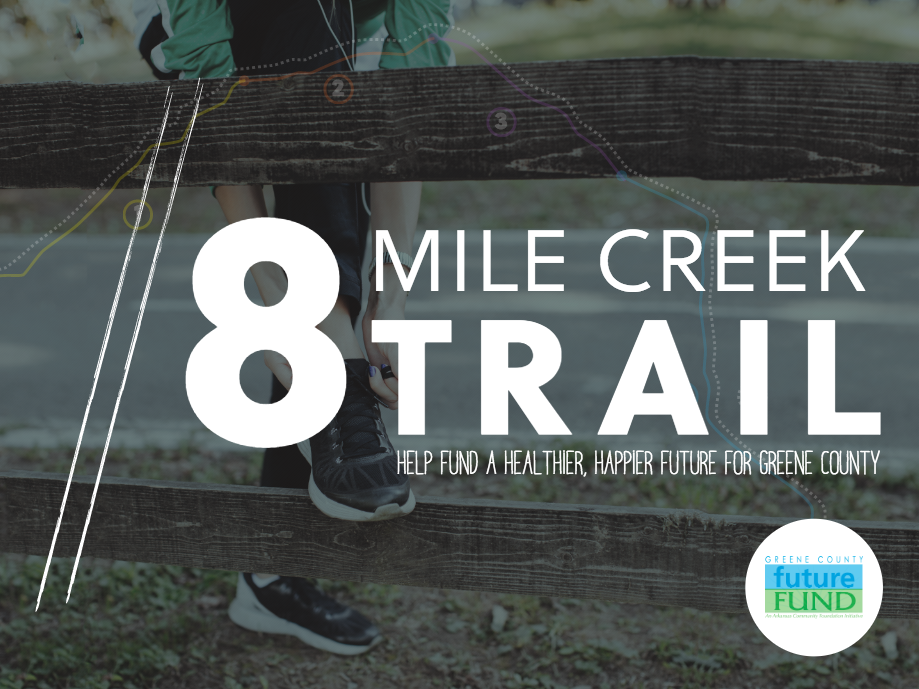 8 Mile Creek Trail sign with a runner on a forest path and a “Find Your Trail” logo