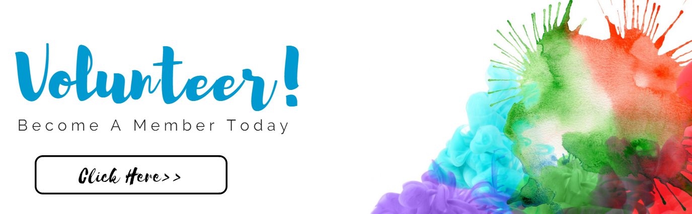 Volunteer banner with “Register, Volunteer” text and colorful watercolor paint splash