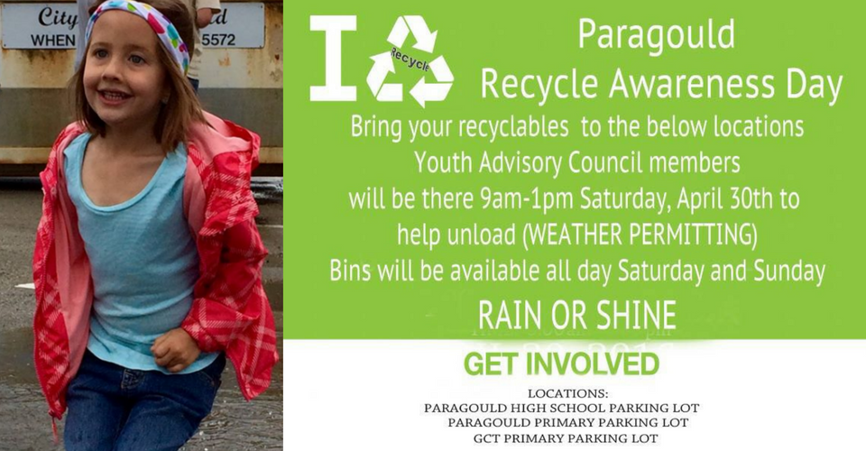 Paragould Recycle Awareness Day poster with girl beside green recycling message and event details