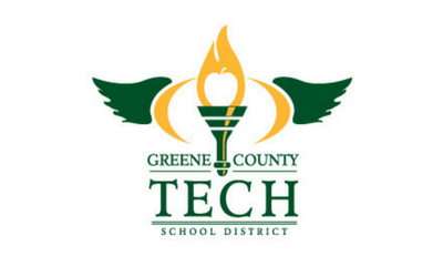 Greene County Tech School District logo with green torch and wings on white background