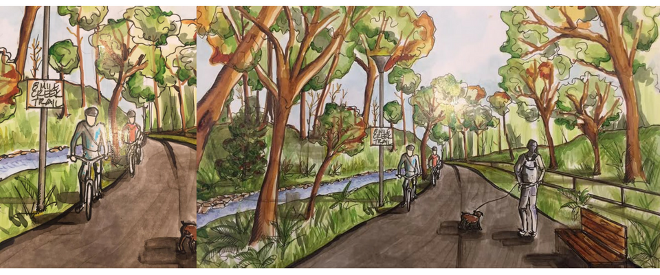 Tree-lined park path with a bench, lampposts, and people walking beside a stream and bridge