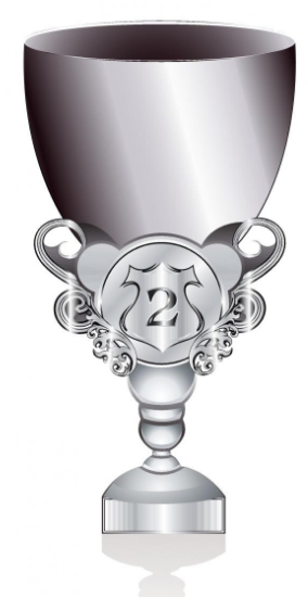 Silver trophy cup with ornate handles and a large “2” on the front