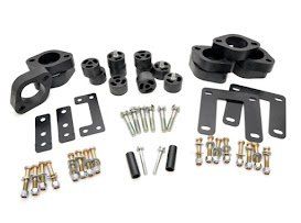 Assorted black metal suspension hardware and brackets arranged on a white background.