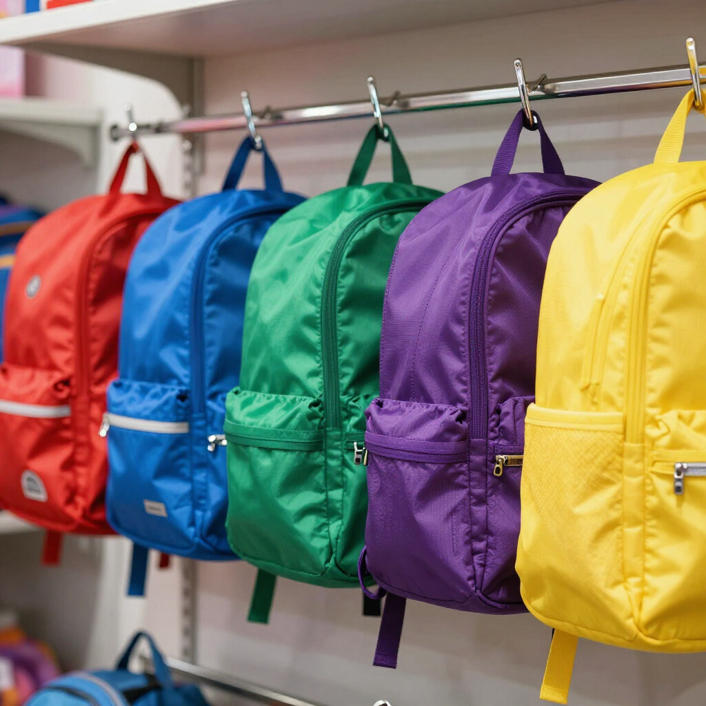 Mochilas escolares coloridas en expositor