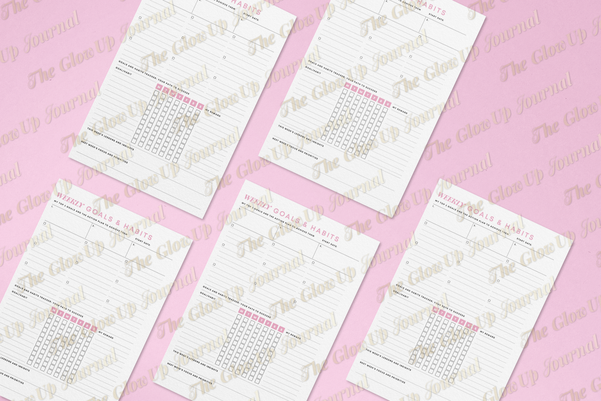 A bunch of papers are sitting on top of each other on a pink surface.