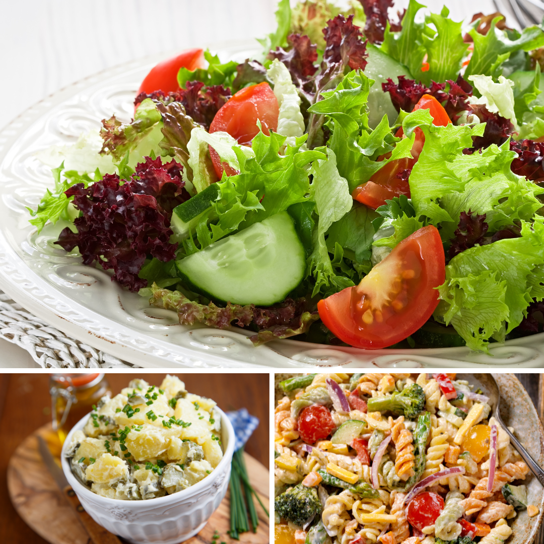 A collage of three pictures of salads and potato salads