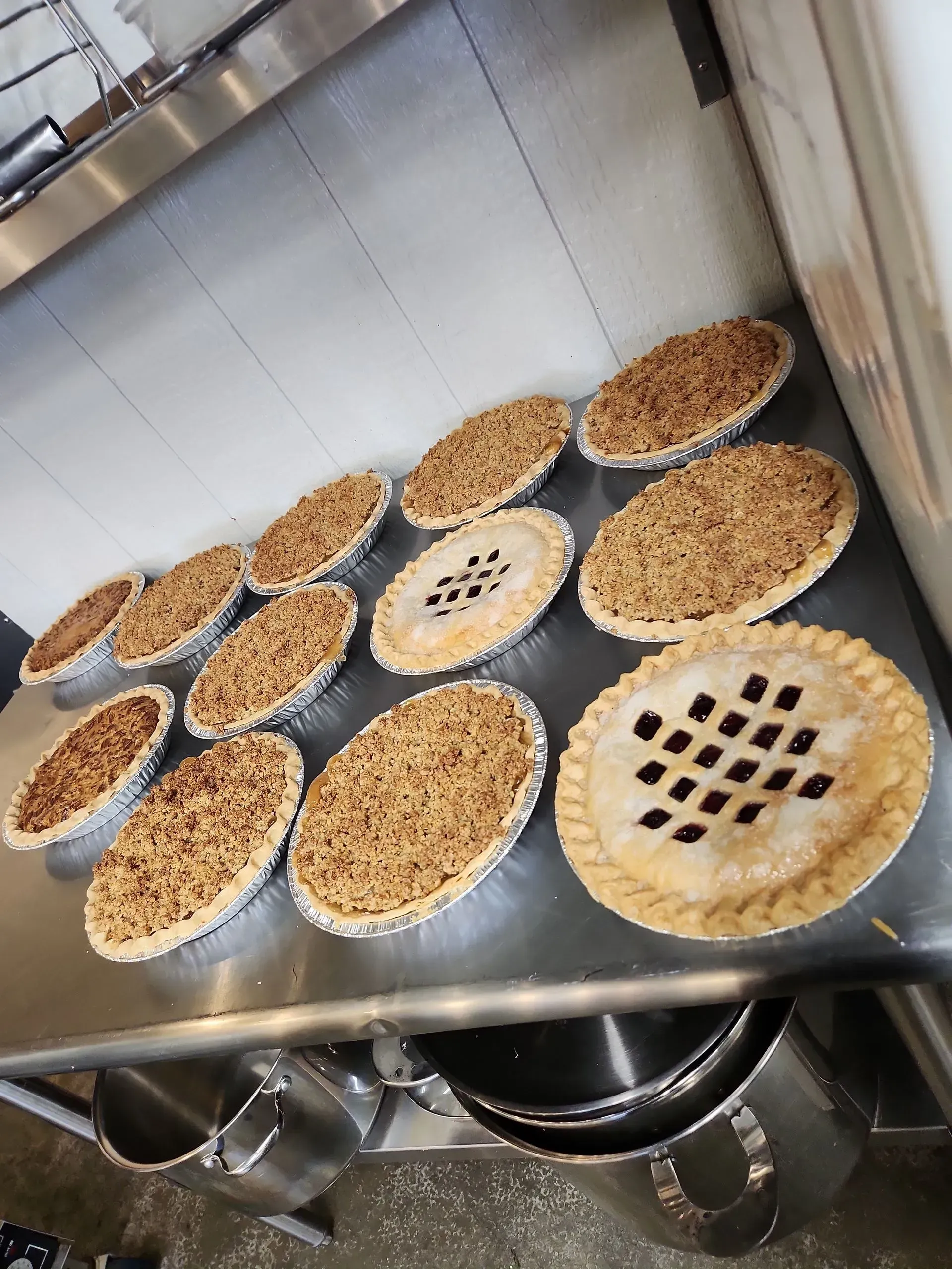 A bunch of pies are sitting on a stainless steel counter.