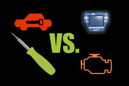 A black background with a screwdriver a car key and an engine